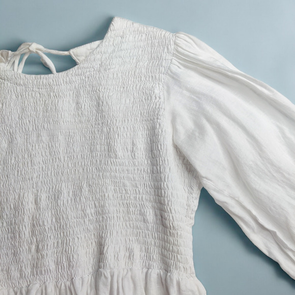 Faithfull the Brand Savita Smocked Linen Puff Sleeve Open Back Top White Small - Picture 5 of 14